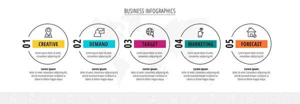 Линейная Векторная Инфографика Пятью Кругами Иконками Шаблон Шагами Fram Web — стоковый вектор