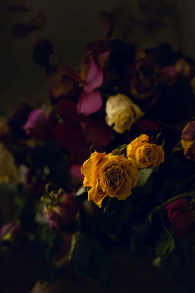 Buquê Flores Secas Tons Escuros Temperados Vista Perto Orientação Retrato — Fotografia de Stock