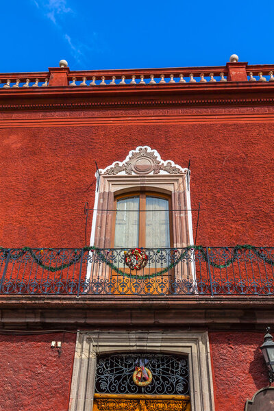 Window Balcony Red Wall Christmas Wreath Jardin San Miguel de Allende Mexic