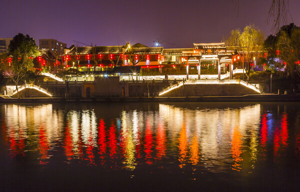 Chinese Gate Grand Canal Buildings NIght Reflection Hangzhou Zhejiang China