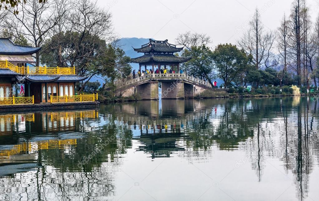 Old Chinese Bridge West Lake Reflection Hangzhou Zhejiang China