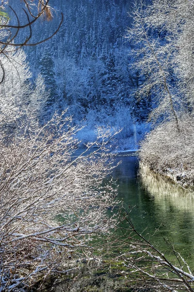 Invierno nieve hielo Wenatchee River Valley Leavenworth Washington — Foto de Stock