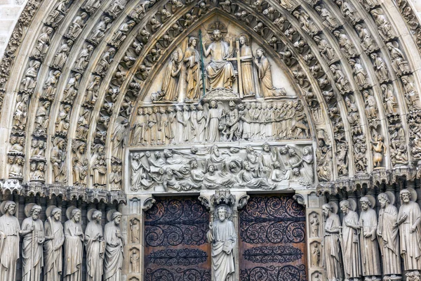 Biblical Statues Judgment Door Notre Dame Cathedral Paris France — Stock Photo, Image
