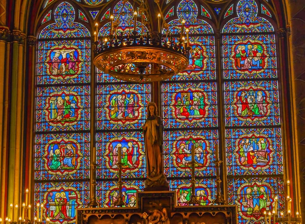 Mary Statue Stained Glass Notre Dame Cathedral Paris France — Stock Photo, Image