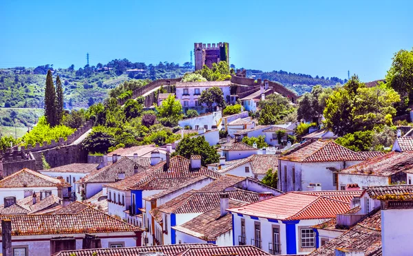 ปราสาทป้อมปราการกําแพงหลังคาสีส้ม Obidos โปรตุเกส — ภาพถ่ายสต็อก