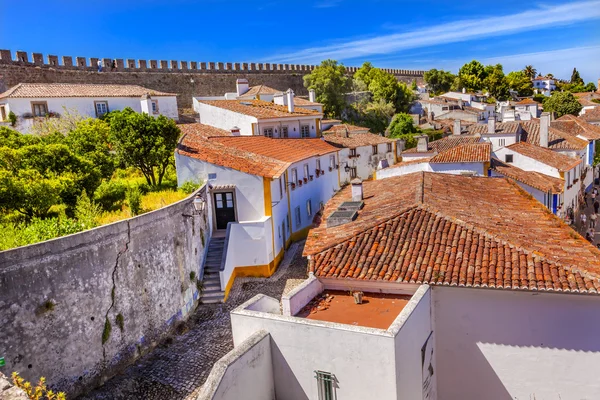 Paredes del Castillo Naranja Techos Angosto Calle Obidos Portugal — Foto de Stock