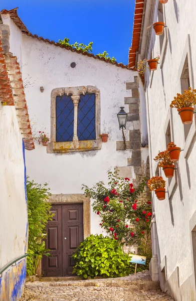 Strada Albă Îngustă din secolul al XI-lea Orașul medieval Obidos Portugalia — Fotografie, imagine de stoc