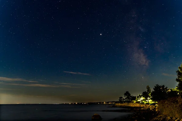 Night Stars Beach Buzzards Bay Ocean Padanaram Dartmouth Massachusetts Luces — Foto de Stock