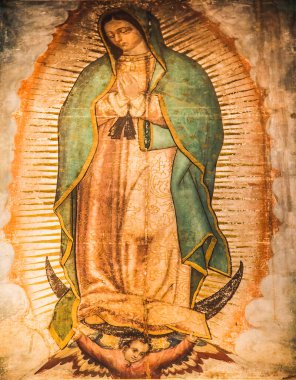 1531 'de Kızılderili Köylü Juan Diego tarafından ortaya çıkarılan Bakire Meryem Guadalupe Tablosu Katolik Piskoposu, Guadalupe Tapınağı, Mexico City