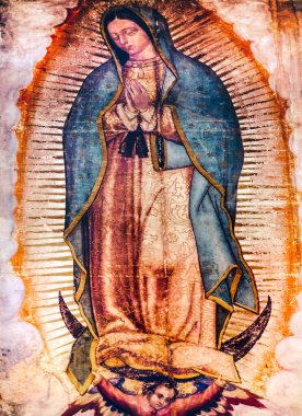 Orijinal Bakire Meryem Guadalupe Tablosu 1531 'de yerli köylü Juan Diego tarafından Katolik Piskopos' a gösterildi. Guadalupe 'nin Yeni Tapınağı, Mexico City Mexico