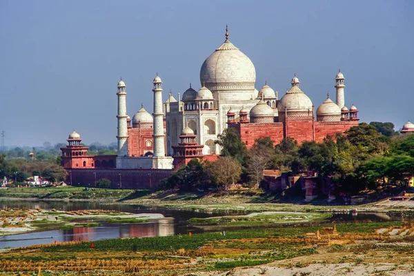Taj Mahal River Reflection Take Amber Fort Agra India Fields — ストック写真