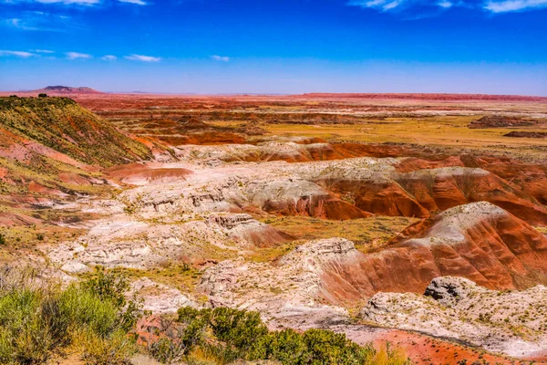 奥兰治红白山绿色植物塔瓦角喷漆沙漠石化森林国家公园亚利桑那州 — 图库照片