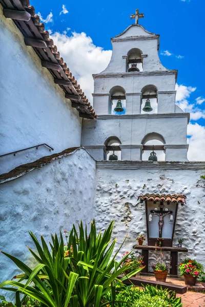 White Abobe Steeple Bells Garden Shrine Mission San Diego Alcala — Stock Photo, Image