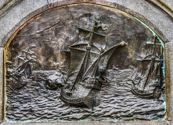 Navi Caravelle Ferdinando Magellano Bronzo Monumenti Punta Arenas Cile 1920 — Foto Stock