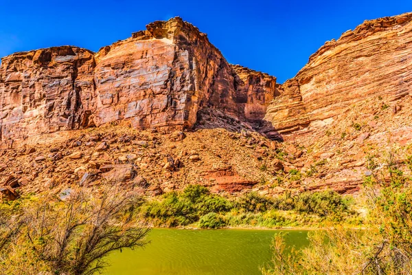 Colorado River Reflection Green Grass Red Rock Canyon Fuori Arches — Foto Stock