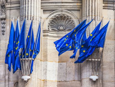 Mavi AK Avrupa Bayrakları Hükümet İdaresi Paris Fransa 'yı İnşa Ediyor.