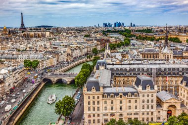 Notre Dame View Seine Nehri Tur Tekne Efekti Kubbe Kilisesi Şehir Merkezi Paris Fransa 'yı işgal etti.  
