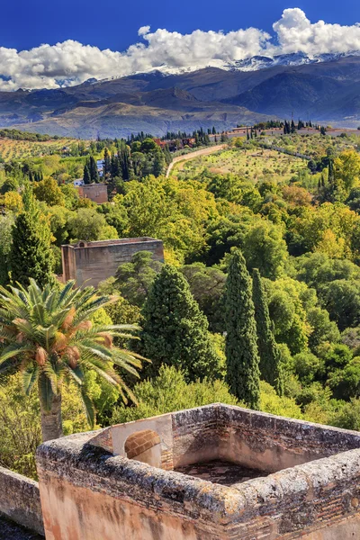 Alhambra burg turm stadtbild bauernhof sierra nevada berge gr — Stockfoto