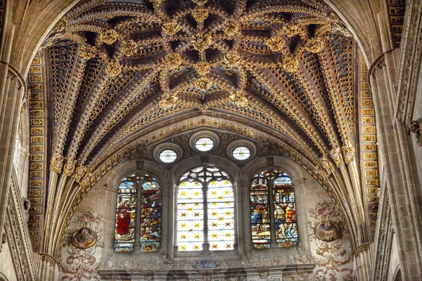 Stenen boog gebrandschilderd glas standbeelden nieuwe Salamanca kathedraal Spanje — Stockfoto