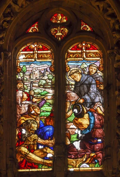 Spanish Preist Feeding Peasants Stained Glass Salamanca New Cath — Stock Photo, Image