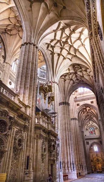 Stone kolommen gekleurd glas nieuwe Salamanca kathedraal van Spanje — Stockfoto
