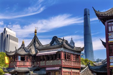 Shanghai Çin eski ve yeni Shanghai Kulesi ve Yuyuan Bahçe
