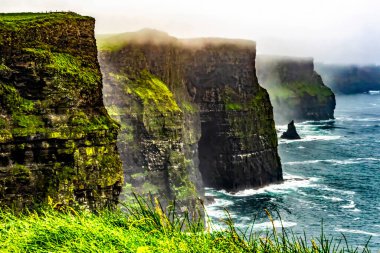 Moher Claire County İrlanda 'nın renkli Foggy Grass uçurumları. Uçurumlar Atlantik Okyanusu 'nun 270 metre yukarısına yükseliyor ve İrlanda kıyısı boyunca 9 mil boyunca koşuyor. Unesco sitesi İrlanda 'da en çok ziyaret edilen yerlerden biri ve birçok film sitesi. Kayalıklarda deniz kuşu yuvaları var.