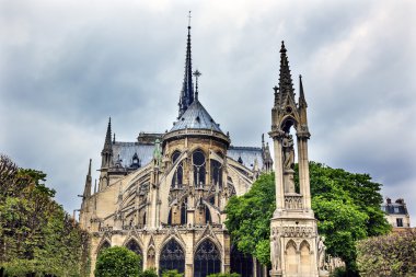 Uçan payandaların bulutlu Notre Dame Katedrali Paris Frangı geri