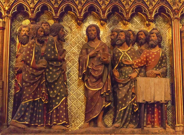 Jesus Christ Twelve Disciples Wooden Panel Statues Notre Dame Ca — Stock Photo, Image