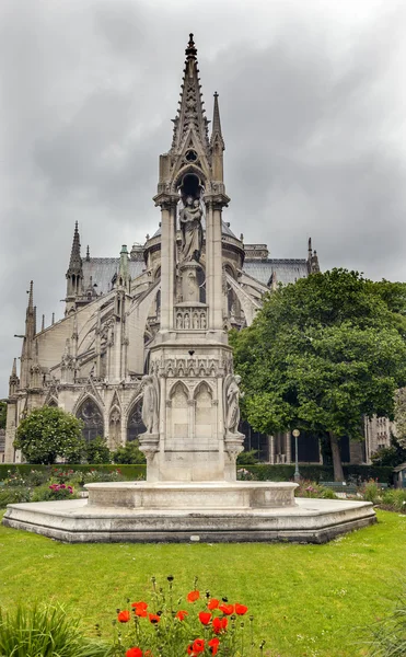 Ιπτάμενο αντηρίδες πίσω κήπο συννεφιά Notre Dame καθεδρικό ναό Pari — Φωτογραφία Αρχείου