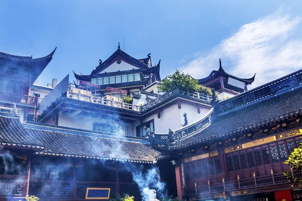 Taoist City God Temple Incense Smoke Roofs Yueyuan Shanghai Chin — Stock Photo, Image