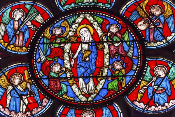 Virgen María Ángeles Vidrieras Notre Dame Paris Francia — Foto de Stock