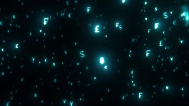 Para doları, avro, frank, yen kameraya doğru uçar ve siyah arka planda parlar