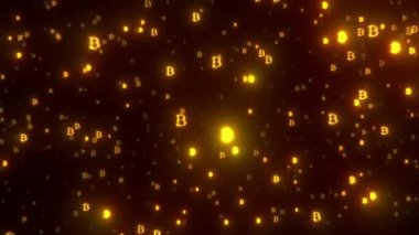 Işıldayan bitcoin siyah arka plandaki kameraya doğru uçuyor.