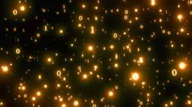 Kameraya doğru uçan ikili kod 1 ve 0, parlayan siber uzay arkaplanı