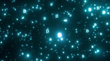 Işıldayan bitcoin siyah arka plandaki kameraya doğru uçuyor.