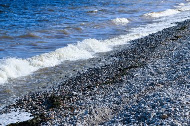 Dalgalar kıyıya doğru koşar ve kayalara çarpar. Kıyıya yakın yerlerde bir sürü sıçrama ve sıçrama meydana getirir. Fırtınalı havada, köpüklü dalgalarla taştan bir çakıl taşı kıyısında sörf yapan nehir..