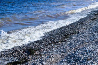 Dalgalar kıyıya doğru koşar ve kayalara çarpar. Kıyıya yakın yerlerde bir sürü sıçrama ve sıçrama meydana getirir. Fırtınalı havada, köpüklü dalgalarla taştan bir çakıl taşı kıyısında sörf yapan nehir..