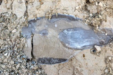 Alçıtaşı çıkarmak için bir taş ocağında kumlu alçıtaşı kesimi. Kum, kil, alçı taşı, kuvars ve alçı taşı içeren farklı toprak katmanlarının dağ dokuları erozyondan sonra.