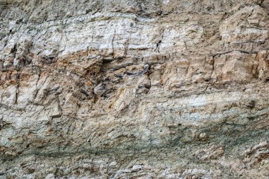 Alçıtaşı çıkarmak için bir taş ocağında kumlu alçıtaşı kesimi. Kum, kil, alçı taşı, kuvars ve alçı taşı içeren farklı toprak katmanlarının dağ dokuları erozyondan sonra.