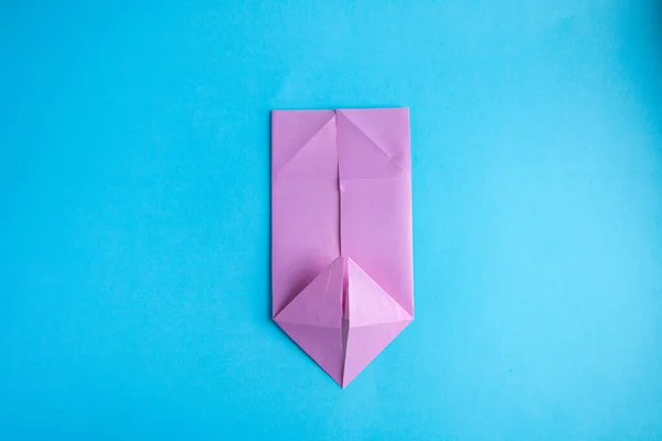 Krok Kroku Instrukcje Tworzenia Króliczka Origami Kolorowego Papieru Niebieskim Tle — Zdjęcie stockowe