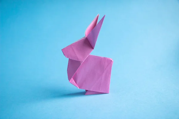 Krok Kroku Instrukcje Tworzenia Króliczka Origami Kolorowego Papieru Niebieskim Tle — Zdjęcie stockowe