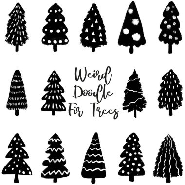 Noel Baba Ağaçları El Çizimi Seti. Vektör Basit Biçimli Tasarım Elementleri. Kış Tatil Dekorasyonları Koleksiyonu.