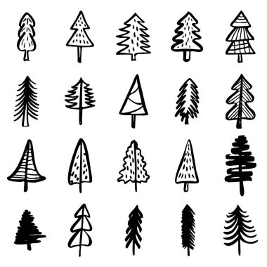 Noel Baba Ağaçları El Çizimi Seti. Vektör Basit Biçimli Tasarım Elementleri. Kış Tatil Dekorasyonları Koleksiyonu.