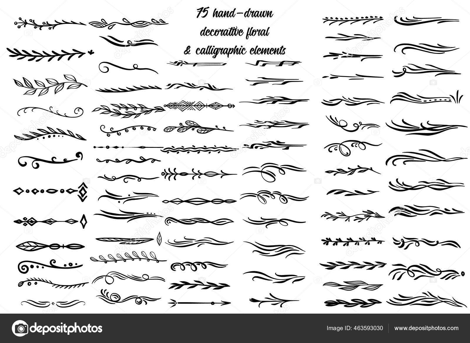Blomster- og kalligrafiske Ornament elementer. Håndtegnet dekoration,  blomster ornamental skillevæg, pile og skitse blade ornamenter. Doodle  blade og blomstre skillevæg sæt. Illustration af vektor. Stockvektor af  ©sensitive 463593030, image size:1600x1167