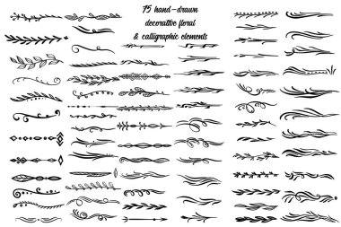 Çiçek ve Kaligrafi Süsleme Elementleri. El yapımı dekorasyon, çiçek desenli bölme, oklar ve çizim yaprakları. Karalama yaprakları ve gösterişli bölme seti. Vektör İllüstrasyonu.