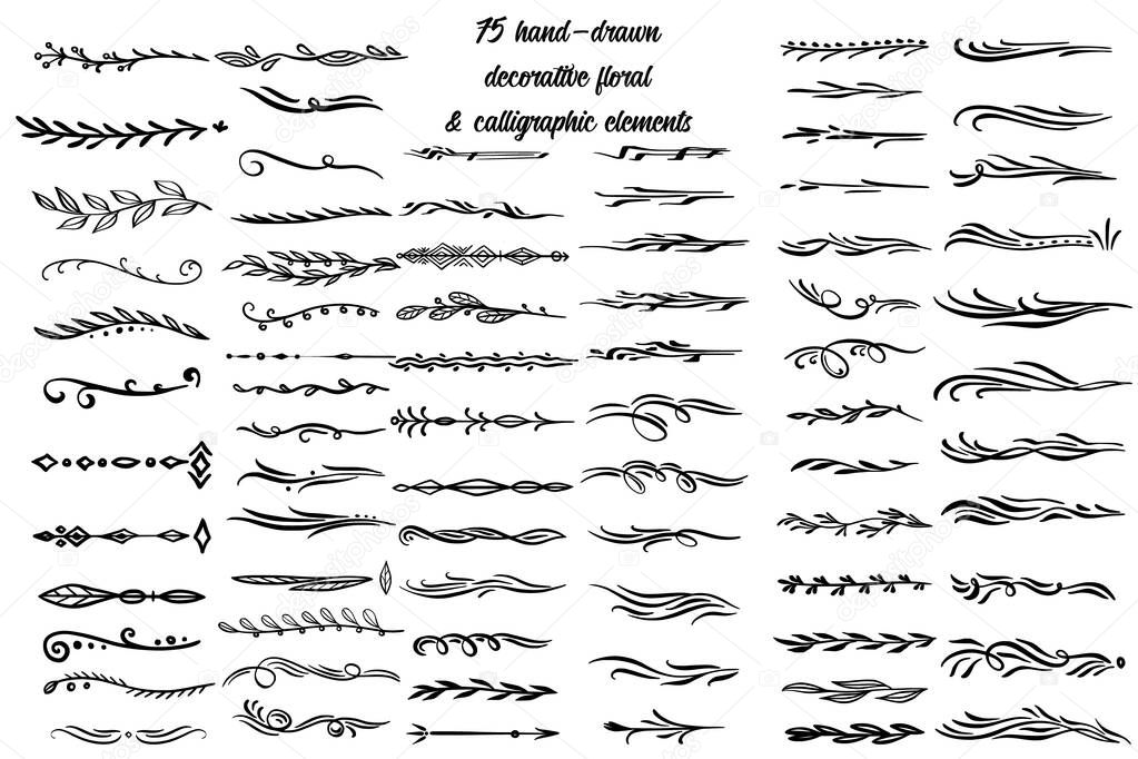 Floral and Calligraphic Ornament Elements. Hand drawn decoration, floral ornamental divider, arrows and sketch leaves ornaments. Doodle leaves and flourish divider set. Vector Illustration.