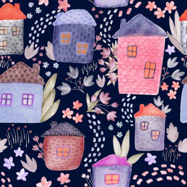 Şirin Suluboya Evleri ve Çiçeksiz Şablonlar. Hassas Çocuklar Tekstil ve Ambalaj Kağıdı Tasarımı. Suluboya binalar çiçek desenleri. 