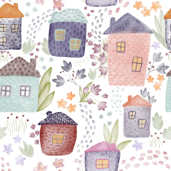 Cute Watercolor Houses and Flowers Seamless Pattern. Tender Kids Textile and Wrapping paper design. Watercolour buildings floral fabric pattern. 