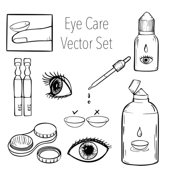 Lentes de contacto ilustración vector cuidado de la salud. Conjunto de iconos de dibujos animados oftalmológicos. — Vector de stock